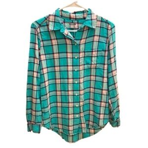 Aerie Plaid Shirt Turquoise White Pink Black Button Down Women’s Size XS